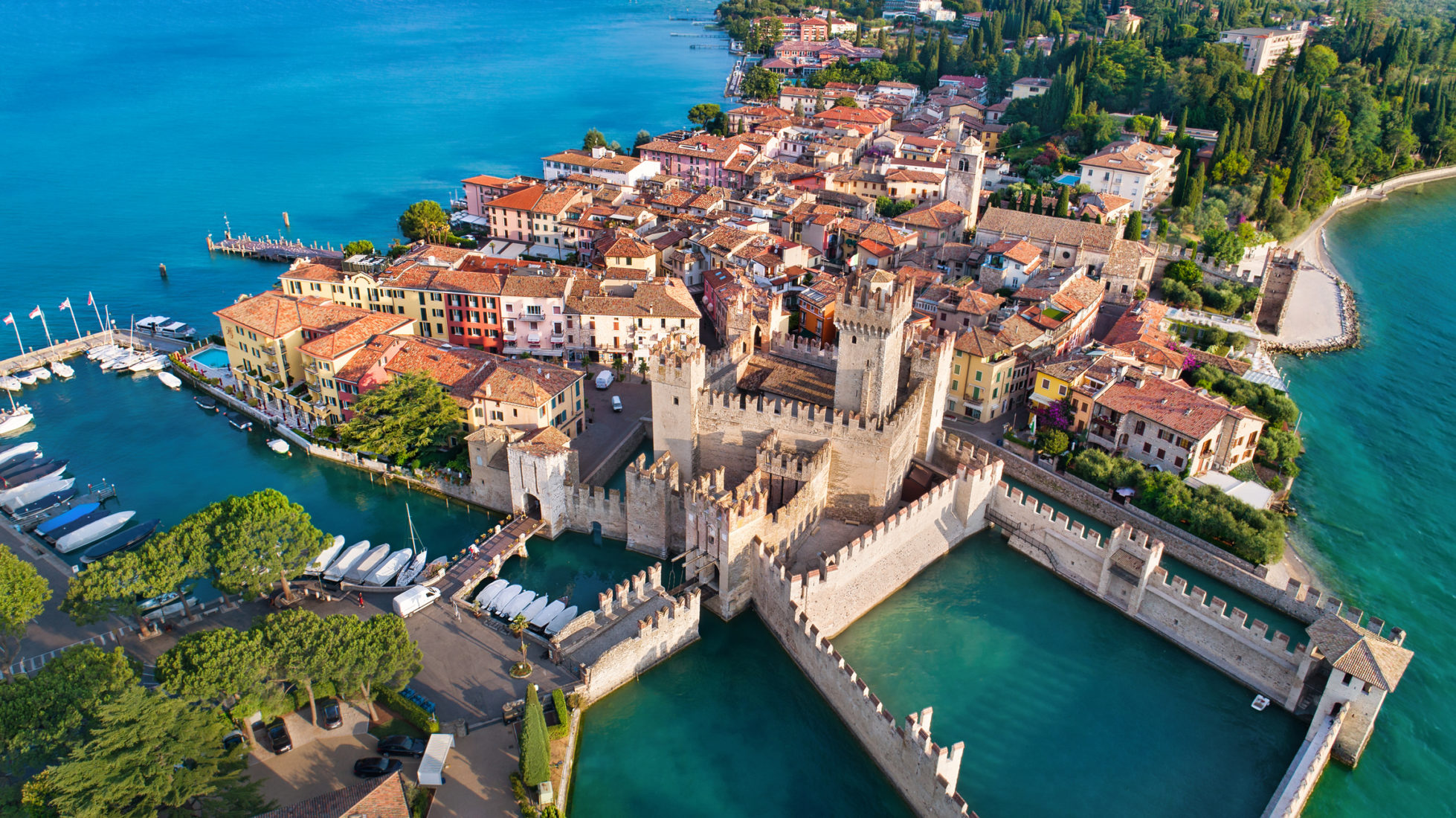 Aerial view to the town of Sirmione, popular travel destination on Lake Garda in Italy